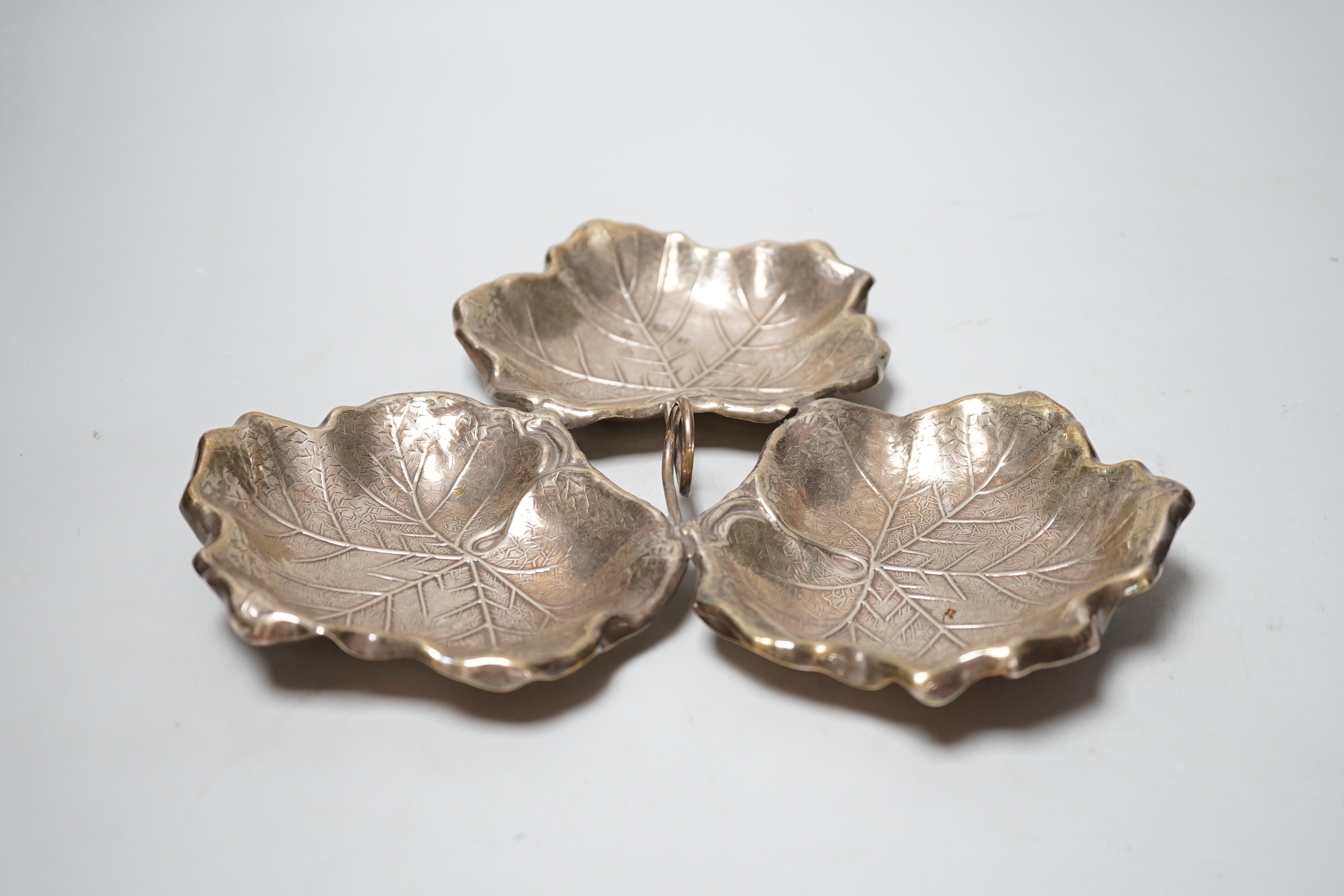 An Elizabeth II silver three section leaf dish, Royal Irish silver Co, Sheffield, 1973, 22cm, 9.4oz.